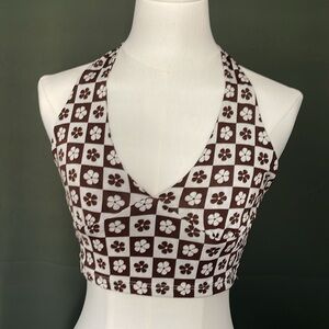 RSQ Brown White Floral Checker Halter M Tie Back Top Indie Festival Boho Groovy